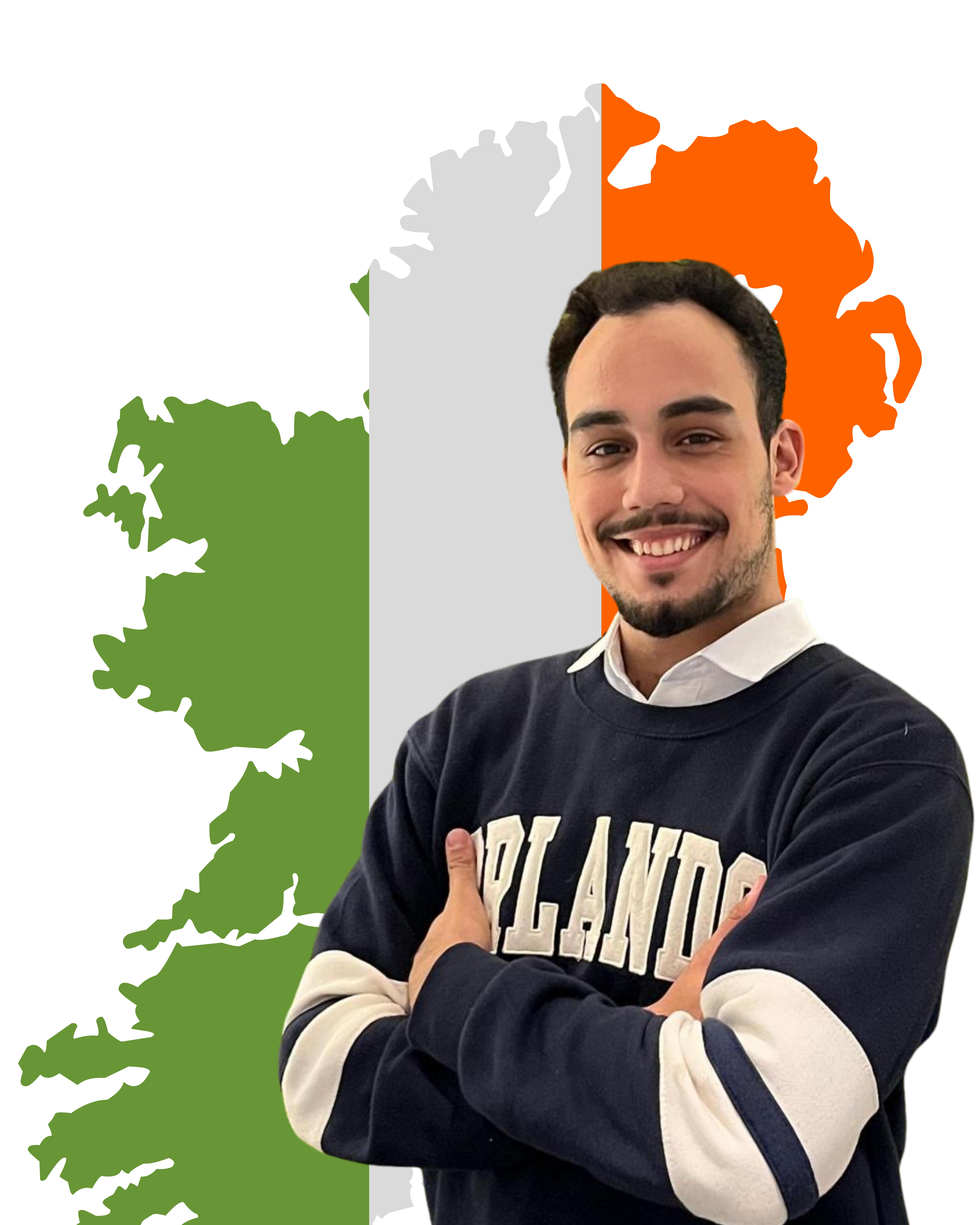 Guilherme em blazer azul com a bandeira da Irlanda atrás, sorrindo para a câmera